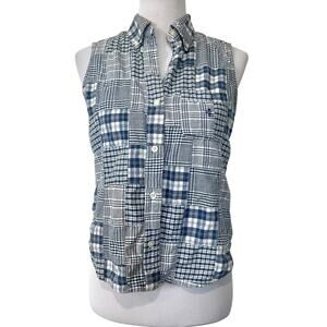 Lauren Ralph Lauren Vintage Plaid Patchwork Top Button Up Sleeveless Blue Sz 10P